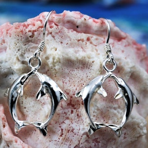 Silver kissing Dolphins earrings, 3/4 + 5/8&quot; wire .925 Sterling diamond cut Sea life porpoise Jewelry gift for her. Fast Free Shipping