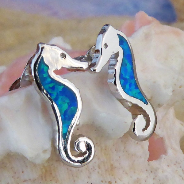 Silver Seahorse Studs • 5/8" tall .925 Sterling Rhodium plated blue Opal Seahorse post earrings, Sea life Jewelry gift • Fast Free Shipping