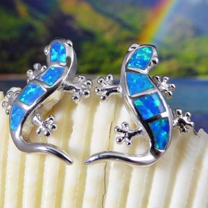 Silver opal Gecko studs, 7/8" long Rhodium plate .925 Sterling lizard post earrings, gecko jewelry gift for her,  fast Free Shipping