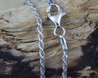18" Sterling Silver Diamond Cut Rope Chain Necklace, Rhodium Plated Lobster Clasp