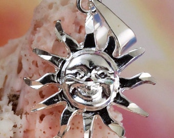 Silver smiling sun pendant, 1 3/16" long w/bail, Diamond cut .925 Sterling sun charm, fast free shipping, astrological jewelry gift Sunburst
