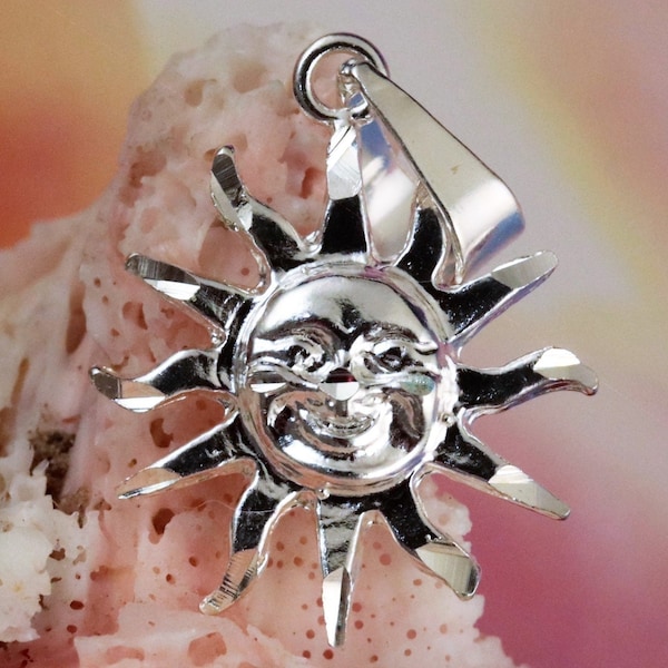 Silver smiling sun pendant, 1 3/16" long w/bail, Diamond cut .925 Sterling sun charm, fast free shipping, astrological jewelry gift Sunburst