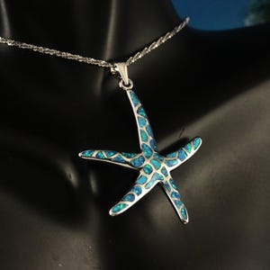 Silver Starfish Pendant, 1 3/4&quot; tall + 1/4&quot; bail. Rhodium plated .925 Sterling blue Opal sea star charm, gift for her, Fast free shipping