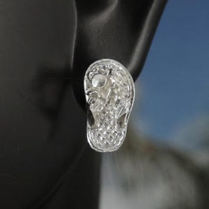 Silver flip flop earrings 1/2&quot; tall with flower strap .925 Sterling Diamond cut Tarnish proof Fast free shipping sandal studs gift for her