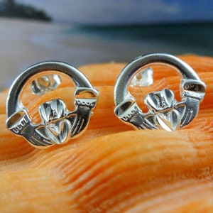 Sterling Silver Claddagh studs, 1/2&quot; post earrings, Diamond cut details, Irish friendship, fast Free Shipping Claddagh jewelry gift for her