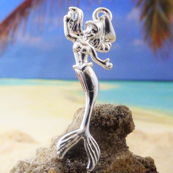 Silver Mermaid Pendant, 1 1/2" tall w/bail .925 Sterling Diamond Cut mermaid charm jewelry, gift for her. siren necklace Free fast Shipping