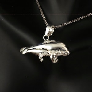 Silver Manatee and calf pendant, 1 3/8&quot; wide Diamond cut .925 Sterling Sea cow Jewelry, Mother with child necklace gift, Fast Free Shipping