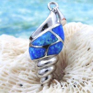 Sterling Silver Rhodium finish blue Opal horse conch shell pendant 1 1/8" + 1/4 bail .925