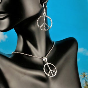 Silver peace pendant, 1&quot; + 1/4&quot; tall bail .925 Sterling Diamond cut 7/8&quot; wide Peace & love 60&quot;s hippie jewelry for women. Fast free shipping