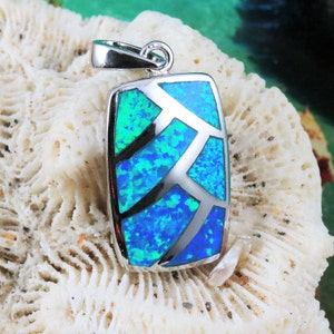 Sterling Silver rectangle blue Opal pendant 15/16" + 1/4" bail Rhodium plated .925