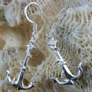 Silver Anchor earrings, 1 5/8&quot; long Diamond cut .925 Sterling anchor dangles. Fast free shipping, nautical boat anchor jewelry gift for her
