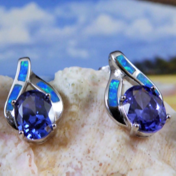 Silver Tanzanite Earrings, 5/8" long Rhodium plated Sterling Opal post earrings, free fast shipping, stud earring Oval Tanzanite  for her