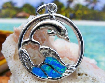 Silver Dolphin wave pendant, 1 1/4" w/ bail .925 Sterling Rich Rhodium finish blue Opal leaping porpoise sea life jewelry Fast Free Shipping