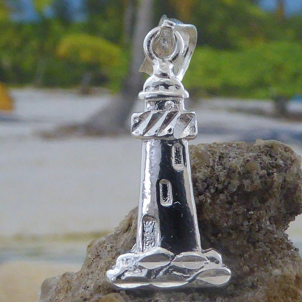 Sterling lighthouse charm, 15/16" tall w/bail .925 Silver New England Lighthouse pendant souvenir gift free fast shipping, nautical jewelry