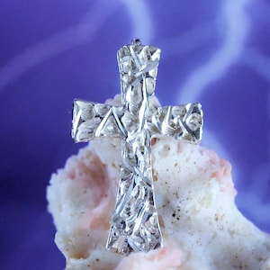 Silver nugget Cross pendant 1&quot; tall, .925 Sterling Diamond cut, Religious Jewelry • Fast Free Shipping • Christian charm gift for her