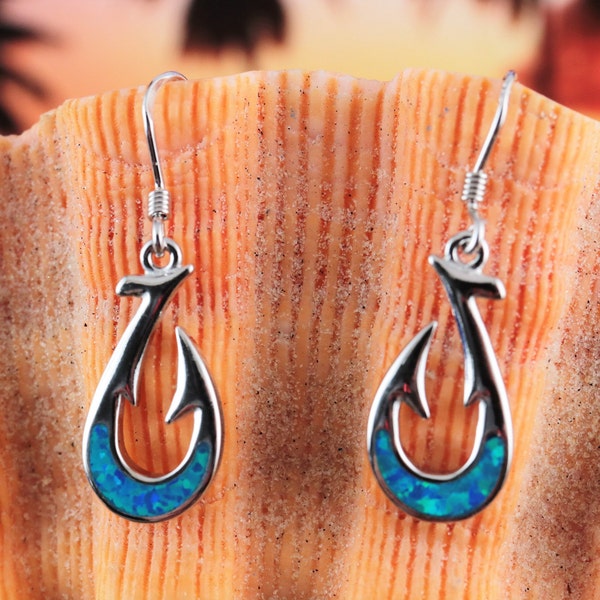 Silver Fish hook earrings 1 3/8" w/wire Rhodium plated .925 Sterling dangle wire blue Opal Fisherman jewelry, Free Fast shipping, Maui hook