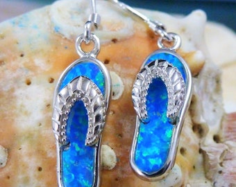 Silver flip flop earrings, 1 1/4" long w/wire Rhodium plated .925 Sterling Opal sandal dangle earrings beach jewelry Fast free shipping