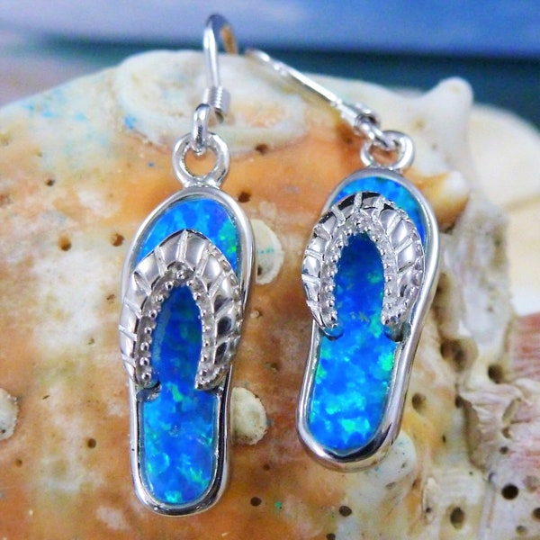 Silver flip flop earrings, 1 1/4" long w/wire Rhodium plated .925 Sterling Opal sandal dangle earrings beach jewelry Fast free shipping