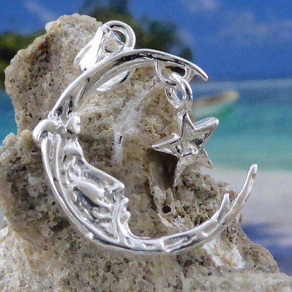 Sterling Silver Diamond Cut Moon Face, Dangling][;star Pendant, 11