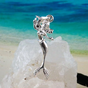 Silver Mermaid Pendant, 1 1/4&quot; + 1/4&quot; tall  bail .925 Sterling Diamond Cut mermaid charm, gift for her. siren necklace Free fast Shipping