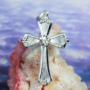 Silver Cross pendant, 2 1/8&quot; long w/bail .925 Sterling Diamond cut cross charm, Religious jewelry souvenir gift Fast Free Shipping