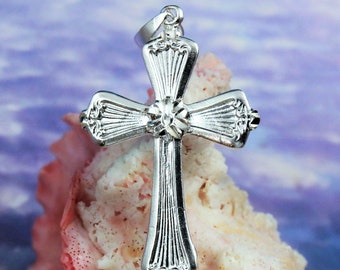 Silver Cross pendant, 2 1/8" long w/bail .925 Sterling Diamond cut cross charm, Religious jewelry souvenir gift Fast Free Shipping