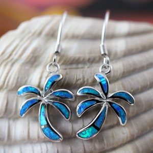 Silver Palm tree earrings, 5/8&quot; + 11/16&quot; long wire Rhodium finish .925 Sterling Opal dangles gift for her • Free fast shipping