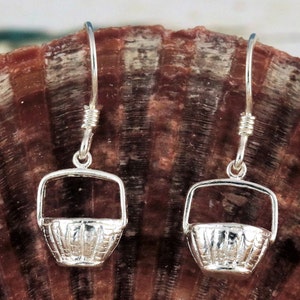 Silver creel basket earrings 1/2&quot; + 5/8&quot; tall ear wire dangle .925 Sterling, wicker weave design.