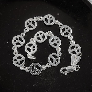 Silver peace sign bracelet, 7 1/4&quot;  x 5/16&quot; wide .925 Sterling peace and love jewelry link bracelet gift for her. Fast free shipping