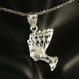 Silver Queen Nefertiti pendant 1&quot; + 1/4&quot; tall bail .925 Sterling diamond cut, Egyptian pendant fast free shipping