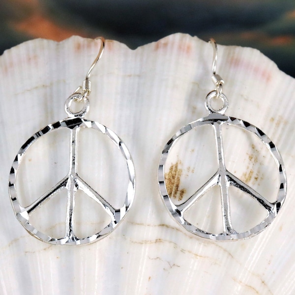 Silver peace sign earrings, 1 1/2" w/wire .925 Sterling Diamond cut 7/8" wide peace and love jewelry dangle gift for her. Fast free shipping