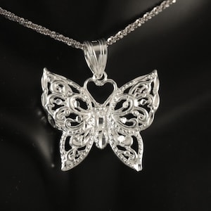 Sterling Silver Butterfly Pendant: Diamond Cut Filigree Necklace 7/8&quot; tall + 1/4&quot; bail