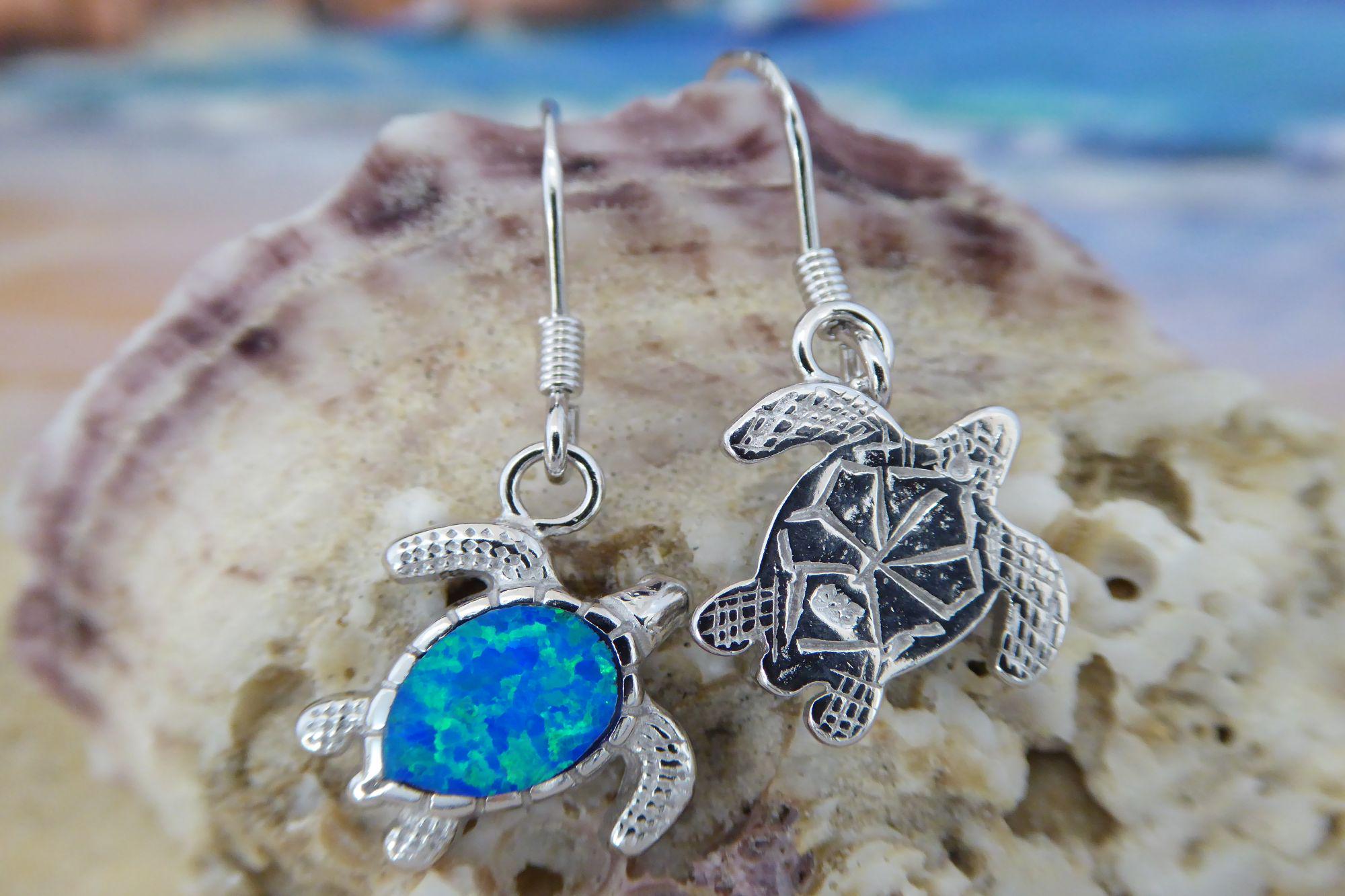 Orecchini a forma di tartaruga marina in argento sterling rodiato, opale blu, alti 1/2, 925 - Italia