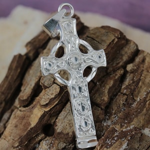 Silver Celtic Cross pendant, 1 5/8&quot;w/bail .925 Sterling Diamond cut, Religious Jewelry gift for her, Fast Free Shipping. holy jewelry