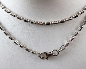2 mm oblong bead necklace .925 Sterling Silver, Rhodium Plated, Diamond cut, Italian  Lobster claw.