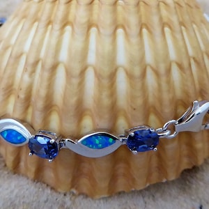 Tanzanite Opal bracelet, 7 3/8&quot; 925 Sterling Silver blue Opal, 6x4 mm Tanzanite stone link bracelet. fast free shipping Rhodium gift for her
