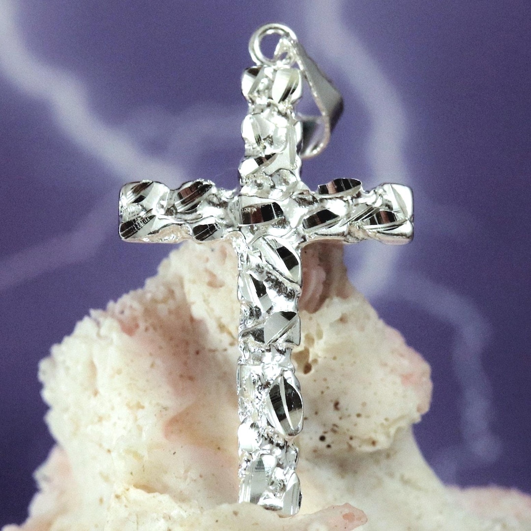 Sterling Silver Nugget Style Diamond Cut Cross Pendant: 1 1/4" + 1/4
