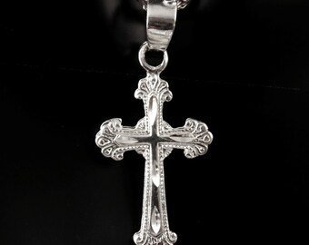 Sterling Silver Cross charm, 1 1/4" long .925 Diamond cut Greek baptismal cross pendant gift for her. Religious Jewelry, fast Free Shipping