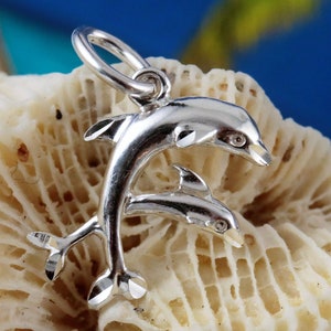 Silver Dolphin charm, 5/8&quot; long + 1/4&quot; bail .925 Sterling Diamond cut dolphin pendant gift for her. Porpoise Jewelry, Fast Free Shipping