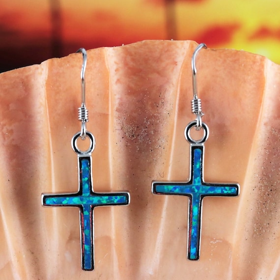 Orecchini a croce in argento sterling con opale blu da donna, 4,3 g, E4467 - Italia