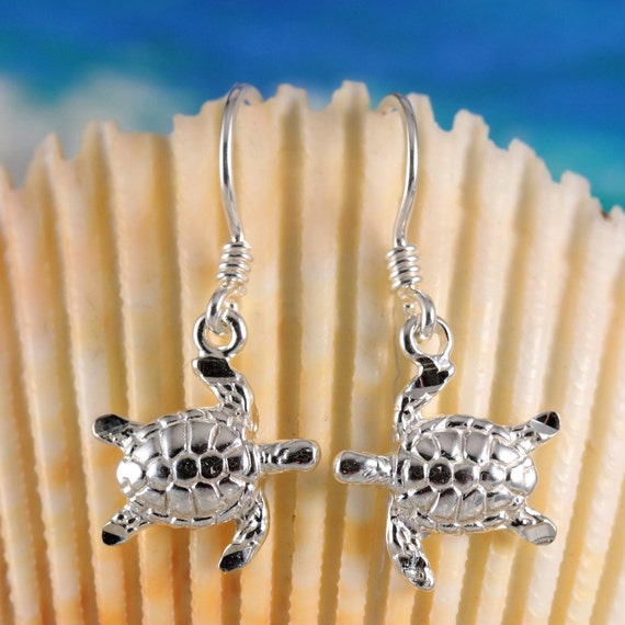 Detailed 3D Sea Turtle Dangle Earrings 925 Sterling Silver Ocean Animal Sea Life 