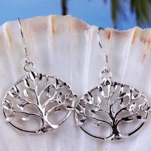 Silver Tree of life earrings, 1 7/16 tall .925 Sterling diamond cut framed family tree dangle earrings gift for her. Fast free shipping image 5