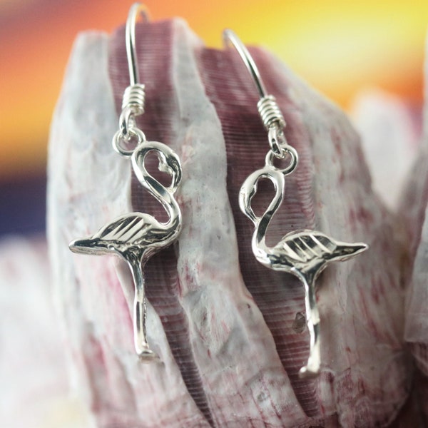 Silver flamingo dangle earrings. 1 3/8" long Sterling Diamond cut pink flamingo bird jewelry necklace wild life jewelry• Fast Free shipping.