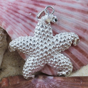 Silver bumpy Starfish pendant 1 1/4&quot; + 1/4&quot; bail high polished Sterling starfish charm gift for her, Fast free shipping