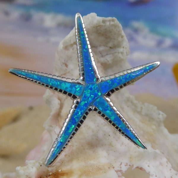 Silver Starfish Slide Pendant 1 1/4" .925 Sterling Blue Opal Pendants, Sea life Jewelry, Fast ree Shipping, marine life, sea star,925