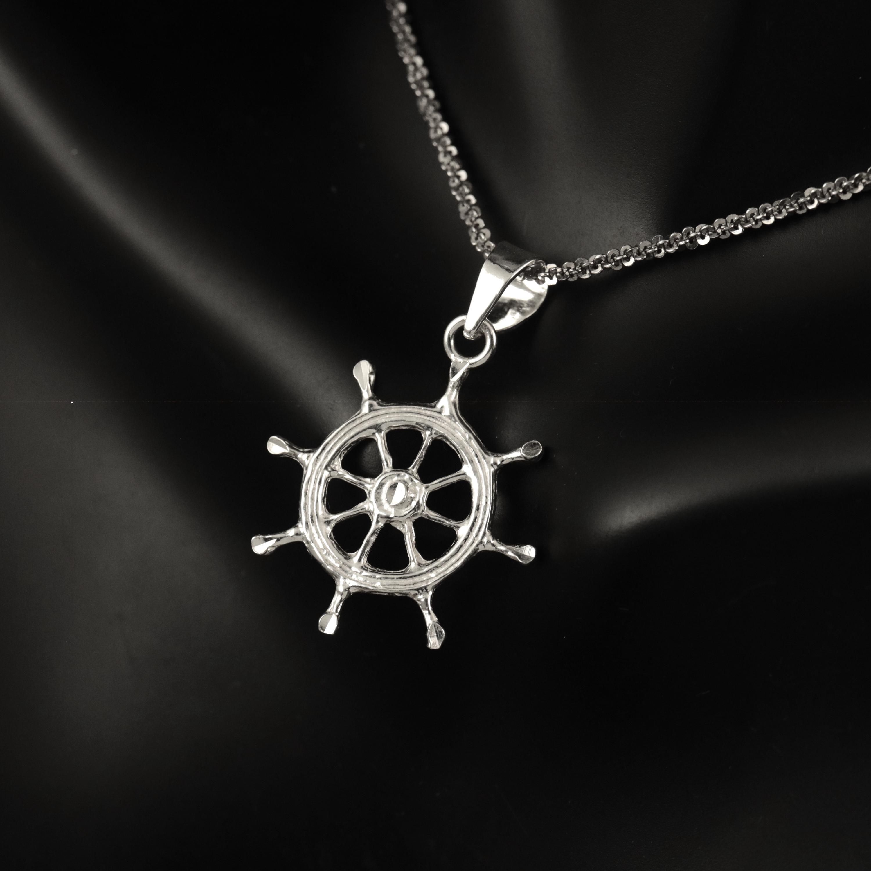 Sterling Silver Ship Wheel Pendant: Diamond Cut Nautical Jewelry