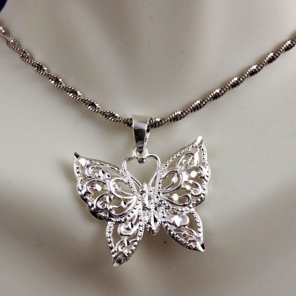 Pendentif papillon en argent • 1 1/4" de hauteur avec caution en filigrane diamant coupé .925 Sterling Monarch collier charme cadeau pour elle Livraison gratuite rapide