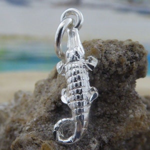 Silver alligator charm, 11/16&quot; long + 1/4&quot; bail. Diamond cut .925 Sterling gator reptile jewelry pendant gift for her, Fast Free Shipping.