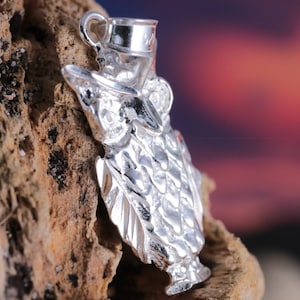 Silver Owl pendant, 1 1/8&quot; tall w/bail Diamond cut .925 Sterling Great horned owl charm jewelry gift for her, Fast free shipping.