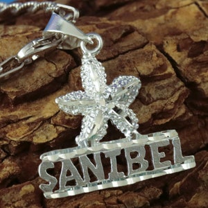 Pingente de estrela do mar de prata Sanibel, 13/16" + 1/4" de fiança, corte de diamante .925 Sterling Sanibel Island, presente de lembrança para ela. Frete rápido e grátis